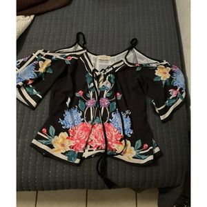 Flying tomato black floral cold shoulder top